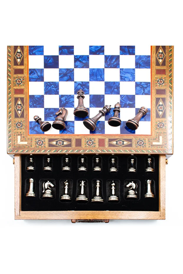 Yüksek Kalite Mavi El işi Satranç Takımı Ahşap Çekmeceli Satranç